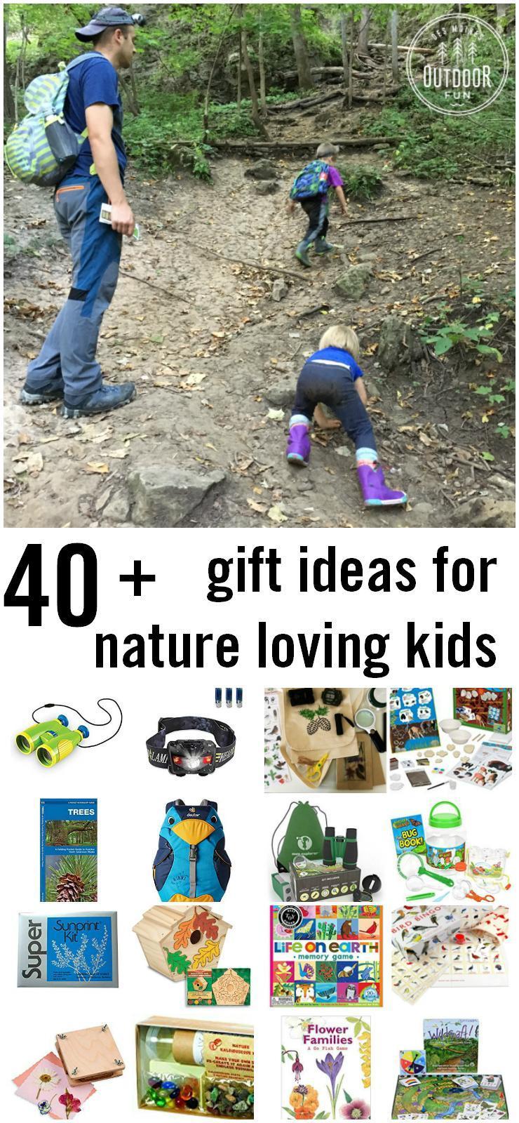 Check out this huge list of gift ideas for nature loving kids! Games, experiences, gear, crafts - something for every outdoorsy kid. #parenting #giftguide